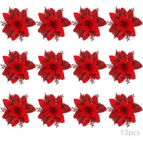 Fiori di Natale, 12 fiori di Natale glitterati, fiori di Natale glitterati cavi, stella di Natale, fiori artificiali per albero di Natale, decorazione, Natale (1/5)