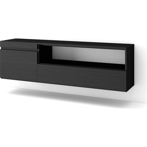 Skraut Home - Meuble TV, Banc Télé, Grand espace de Rangement, 150x45x35cm, Pour les TV jusqu'à 65", Suspendu, Mural, Style moderne, Noir (1/5)