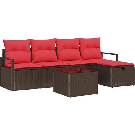 Set di divani con cuscino 6 pcs Marrone e Rosso polyrattan vidaXL