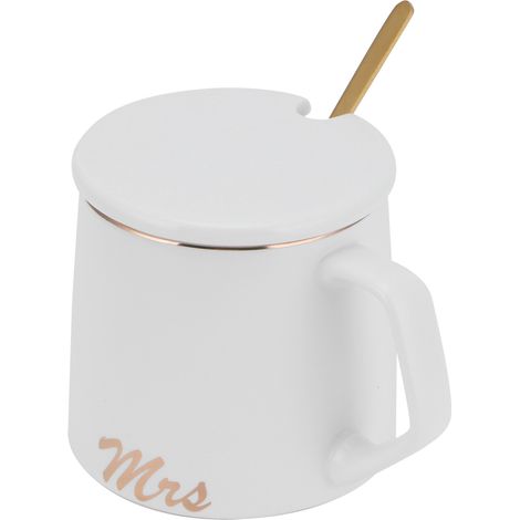 Tasse à café en céramique tendance de 320 ml avec couvercle et cuillère, cadeau idéal pour la maison ou le bureau, lettre M blanche (1/5)