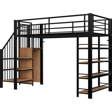 Letto a soppalco 90 x 200 cm in metallo nero con scala, contenitore e piccolo guardaroba (1/5)