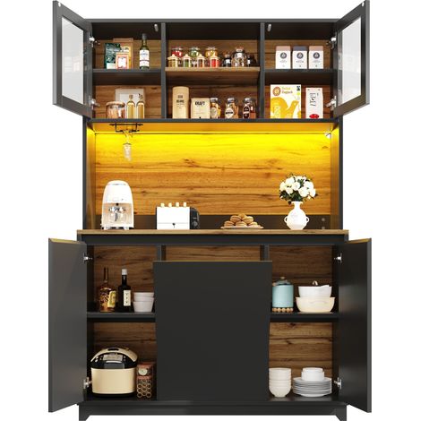 ELVMI Credenza Cucina Alta con LED e Vano per Pattumiera per Cucina in MDF e Metallo 120 x 40 x 180 cm Nero (1/5)