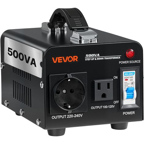 VEVOR Transformateur 220 V a 110 V et 110 V a 220 V, Transformateur de Tension Elevateur Abaisseur, 500 VA, avec Prise Americaine, Prise Europeenne, Cordon deAlimentation, Protection par Disjoncteur (1/5)