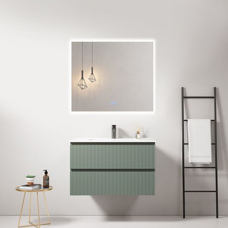 Mobile bagno sospeso cannettato 80 cm Verde Salvia Lavabo in Ceramica Specchio Quadro Retroilluminato - Fiji Paint (1/4)