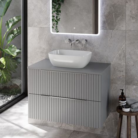 Helix 460 Fluted Pebble Grey 800mm Wall Mounted 2 Drawer Vanity Unit for Countertop Basins