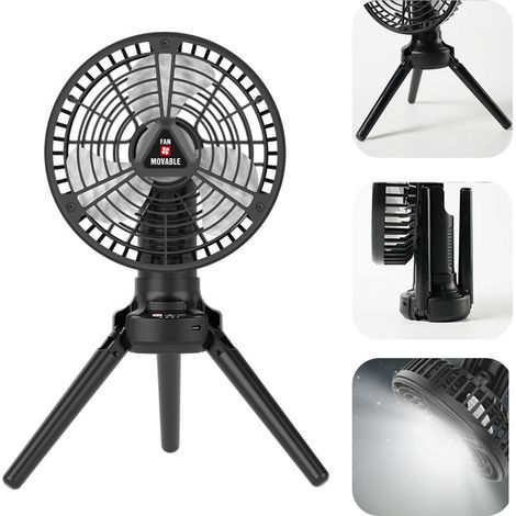 Ventilateur de bureau portable avec lumière trépied, rechargeable USB, refroidissement à air, ventilateur plafond extérieur pour camping, voyage, tente, bureau, randonnée (1/5)