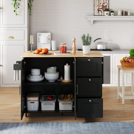 Grande table de cuisine mobile — Dotée d'un plan de travail en chêne, d'un design pliable, d'une unité de rangement multifonctionnelle, de 3 tiroirs et d'un porte-serviettes  adaptée aux cuisines, aux