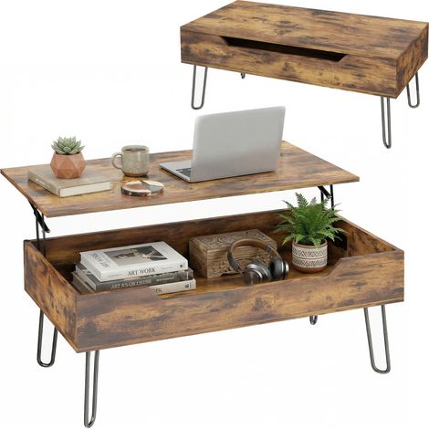 Table basse avec plateau relevable, compartiment caché, pieds en acier, 95 x 50 x 40 cm, marron rustique (1/5)