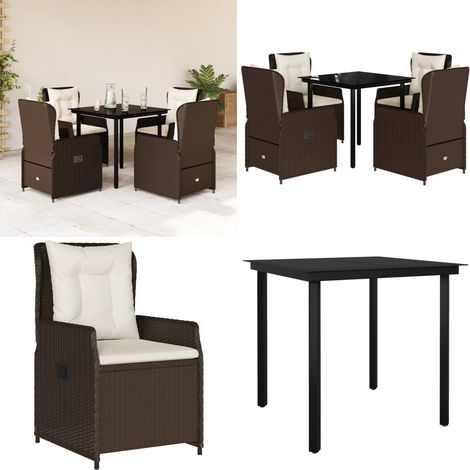 Ensemble à manger de jardin 5 pcs et coussins marron poly rotin - Chaise de jardin - Table de jardin (1/5)