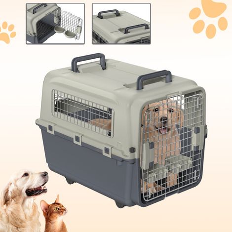 HENGMEI Boîte de transport pour chien Boîte de transport pour chien Boîte de transport pour avion Boîte de voyage pour voiture avec fenêtre en fer & porte en fer & plateau & poignée & roues 67x51x58.5