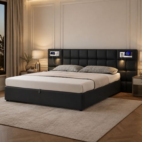Cama con arcón hidráulico 180x200 cm en PU negro, almacenaje, sin colchón – MEUBLIV (1/5)