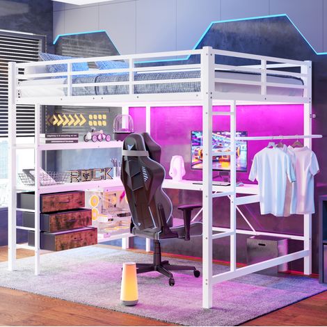 Letto rialzato 140x200 cm con LED, scrivania, presa elettrica, USB, 3 cassetti, mensole, sponda e scala, in metallo, bianco, senza materasso (1/5)