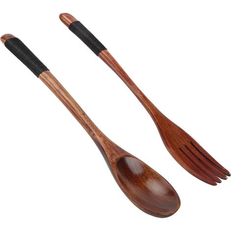 Ensemble de cuillère et fourchette japonaises, ustensiles en bois légers et résistants, tressés en corde pour une meilleure prise en main. (1/5)