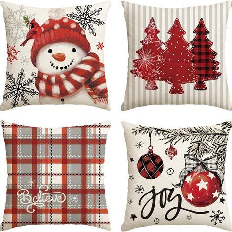 Fundas de cojín decorativas navideñas rojas, con estampado de muñeco de nieve y copo de nieve, 45 x 45 cm, con estampado de árbol de Navidad y cuadros, juego de 4. (1/5)