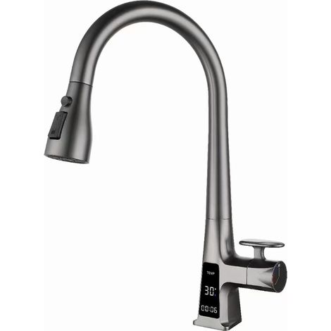 Robinet de cuisine avec affichage numérique LED , robinet d'évier en laiton avec douchette extractible , robinet d'évier de cuisine à poignée unique 3 modes avec bec pivotant à 360 degrés , gris bronz (1/5)