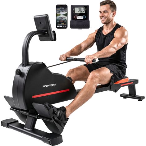 Rameur magnétique - appareil de musculation - SPORTNOW - bluetooth connecté Kinomap & Zwift écran LCD - métal - 135x42x72cm - rouge (1/5)