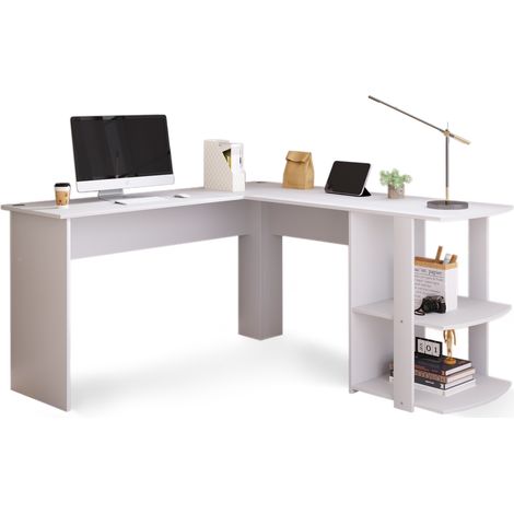 Bureau D'angle En L 140x140 Cm Blanc, Plateaux Mélaminés Résistants Et Étagère Intégrée (1/5)