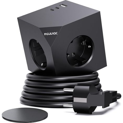 PD20w Multiprise Cube, 2 USB C Ports, Magnétique, 1.5M Câble, Noir Multiprise Cube, Adaptateur de 3 Prise, Prise Plate avec rallonge de 1,5 m, pour Bureau, Maison, Cuisine,Noir (1/5)