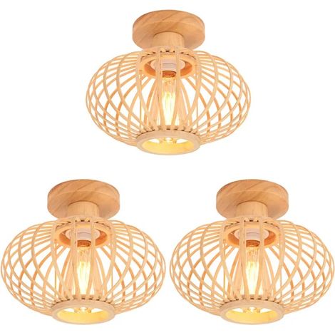 3pcs Plafonnier Vintage en Bambou,Lampe de Plafond Bois Rétro Ø25cm Abat-jour Design Lanterne Lustre Boho pour Salon Chambre (1/5)