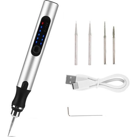 Elektrischer Gravierstift, 3 einstellbare Geschwindigkeiten, wiederaufladbares kabelloses Gravierwerkzeug, 5-teiliges Set (silber) (1/5)