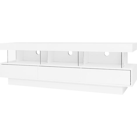 Meuble TV blanc laqué avec 3 étagères en verre, éclairage LED contrôlé par appli, pour TV jusqu'à 70 pouces (1/5)