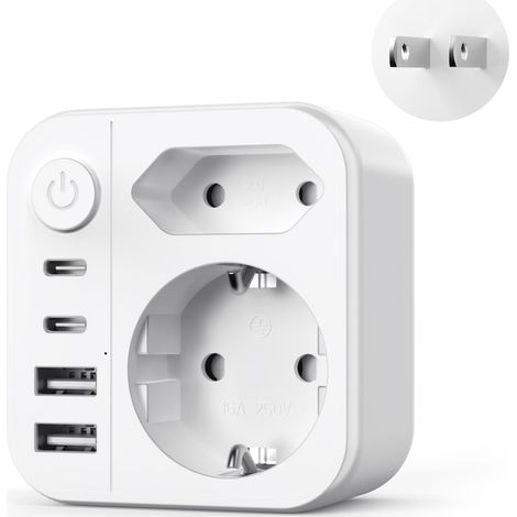 6-in-1-Steckeradapter, 2500-W-Reiseadapter (mit 2 USB-C-Anschlüssen und 2 USB-A-Anschlüssen), mit dem Sie einen Schuko-Stecker in einen Typ-A-Stecker umwandeln können. (1/5)