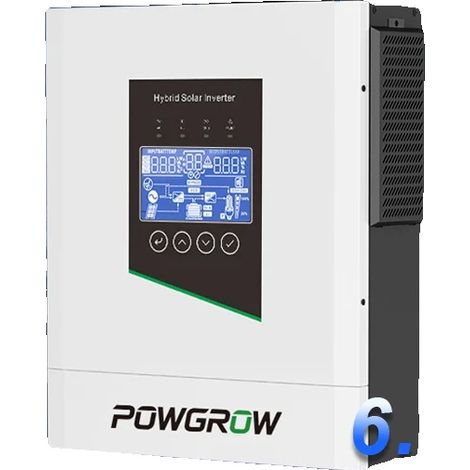 Inversor solar híbrido, potencia nominal de 6,5 kW, compatible con baterías de 48 V, potencia fotovoltaica máxima de 9000 W, corriente de entrada de 120 A, dimensiones compactas. (1/5)