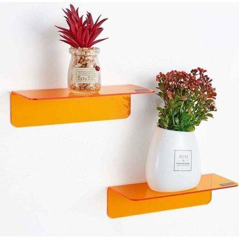 Dos estantes acrílicos para montaje en pared, requieren perforación, incluyen clips para cables, color naranja. (1/4)