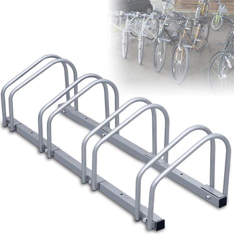 Randaco Aparcabicicletas para 4 bicicletas, 101x32x26cm, Aparcabicicletas de acero galvanizado, fijación al suelo/pared, para neumáticos de 3,5 a 5,5 cm de ancho, color plata