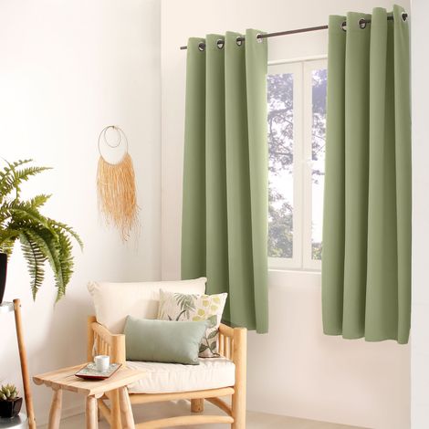 Homemaison – Rideau occultant court 140x180cm en polyester – Vert olive – 8 œillets argent – Tissage en fil noir pour occultation optimale (1/4)