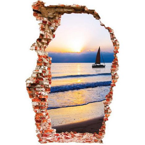 Autocollant mural amovible 3D motif mer, océan, plage, coucher de soleil, bateau, décoration d'intérieur