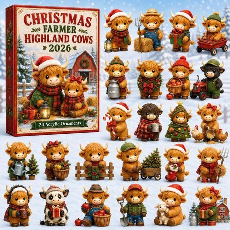 Calendario dell'Avvento 2026 2D con mucca delle Highlands in fattoria