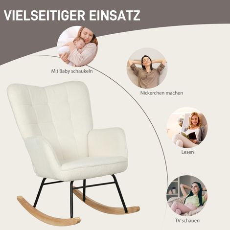 Fauteuil à bascule en tissu effet laine, avec accoudoirs, design ergonomique sur patins en bois, pour salon et chambre, blanc (1/4)