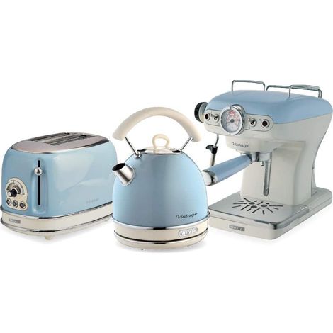 Ariete ARPK18 Retro Style Dome Kettle, 2 Slice Toaster and Espresso Machine Set, Vintage Design, Blue