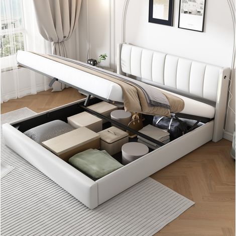 Cama tapizada moderna 180x200 cm en PU blanco, con cabecero regulable, LED, USB/Type-C, arcón y somier de láminas