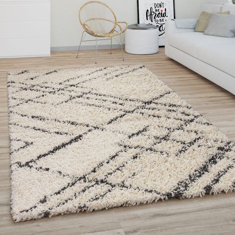 Paco Home Hochflor Teppich Wohnzimmer Shaggy Langflor Modernes Boho Skandi Rauten Muster 80 cm Rund, Creme Anthrazit 4