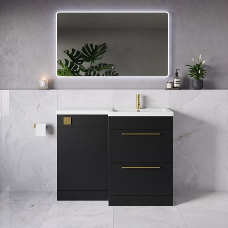 Napoli 390 Nero Oak 1100mm 2 Drawer Vanity Unit Toilet Suite with Square Right Hand Lucia Basin - 1100mm - Brushed Brass 320mm HandleWithout Kingston Toilet Pan