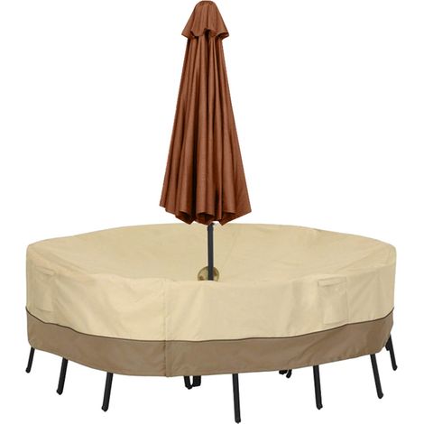 Housse anti-poussière imperméable pour meubles ronds d'extérieur avec trous pour parasol (180 x 60 cm) (1/5)