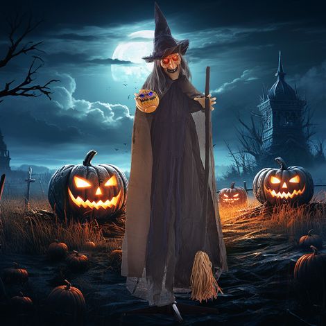 Bruja decorativa de Halloween con escoba, ojos brillantes, sonidos espeluznantes, brazos articulados, 107x65x190 cm (1/5)