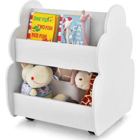 COSTWAY Libreria per Bambini con Ruote, Libreria Bimbi a 2 Livelli con Angoli Arrotondati, Scaffale Porta Libri Bambini da Cameretta Asilo Nido Camera da Letto, Bianco (1/5)