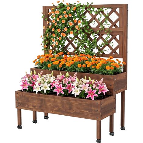 Aiuola rialzata in legno di abete, a 2 livelli, 107 x 57 x 137 cm, con griglia di supporto integrata e 4 fori di drenaggio. (1/5)