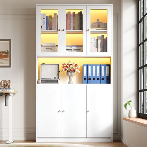 Librería de 100 x 35 x 200 cm - Puertas de cristal, iluminación LED multicolor, compartimento abierto y 3 puertas de almacenamiento - Blanco (1/5)