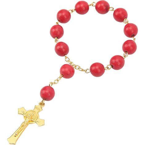 Chapelet de Voiture Rouge avec Croix, Perles de Prière Polies Exquises, Portable, Décoratif pour Rétroviseur, Accessoire Auto Élégant (1/5)