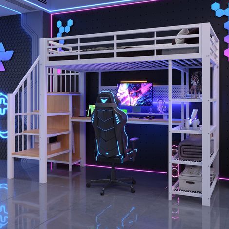 Cama alta 90x200 cm blanca, con escritorio, estantes, LED, enchufes y panel perforado, estructura metálica, sin colchón (1/5)