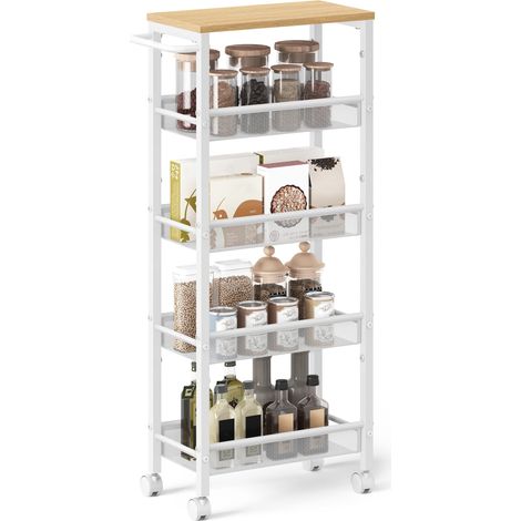 Desserte 5 Niveaux, Étagère de Cuisine Fin avec roulettes, Cadre en Acier, Poignée, Petit Espace, 22 x 45,4 x 99,6 cm, Salle de Bain, Salon, Bureau, Beige Chêne et Blanc LRC035W09 (1/5)