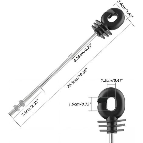 Isolateurs de clôture électrique de type anneau avec tige filetée longue de 25,5cm pour poteaux en bois et métal, lot de isolateurs de clôture