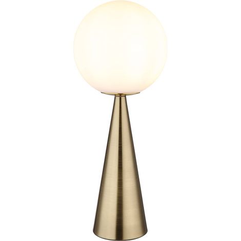 Lampe de table, lampe de chevet, lampe de lecture, lampe de salon, lampe d'appoint, lampe de chambre, forme conique, métal, boule en verre blanche couleur laiton, 1x E27, H 49,5 cm (1/5)
