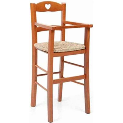 Okaffarefatto – Chaise haute bébé en bois massif cerisier – Assise en paille palustre tressée – Hauteur 58 cm – Pour enfants de 2 à 5 ans