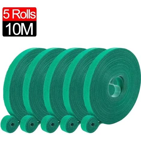 (5 rouleaux (10 m) de serre-câbles auto-adhésifs en nylon vert pour plantes, réglables, avec système de fixation auto-agrippant et boucle, pour jardin, réutilisables) (1/4)