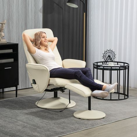 Fauteuil de massage avec repose-pieds, fauteuil ergonomique à 10 points de vibration, similicuir, 76 x 81 x 105 cm, blanc crème (1/5)